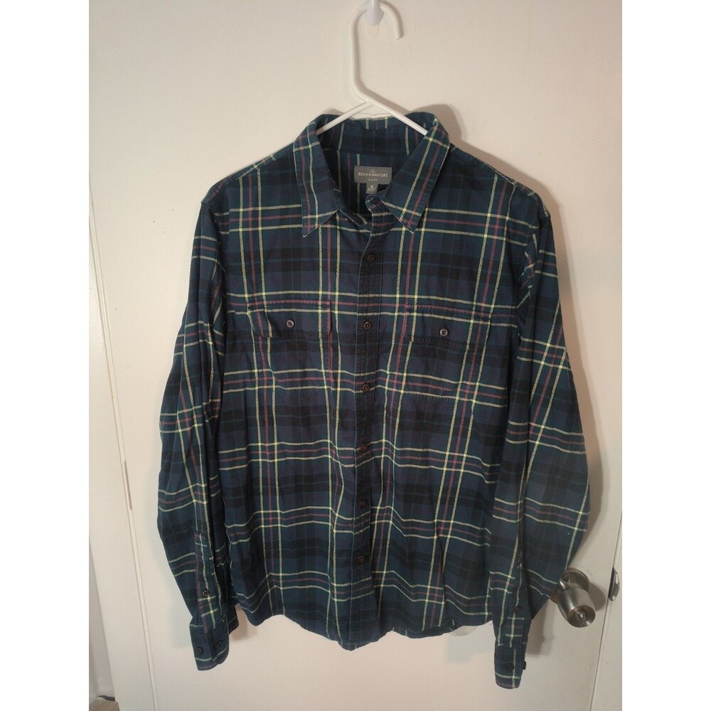 L.L. Bean Signature Flannel Shirt Mens Medium M Slim Fit Plaid Blue Green Yellow
